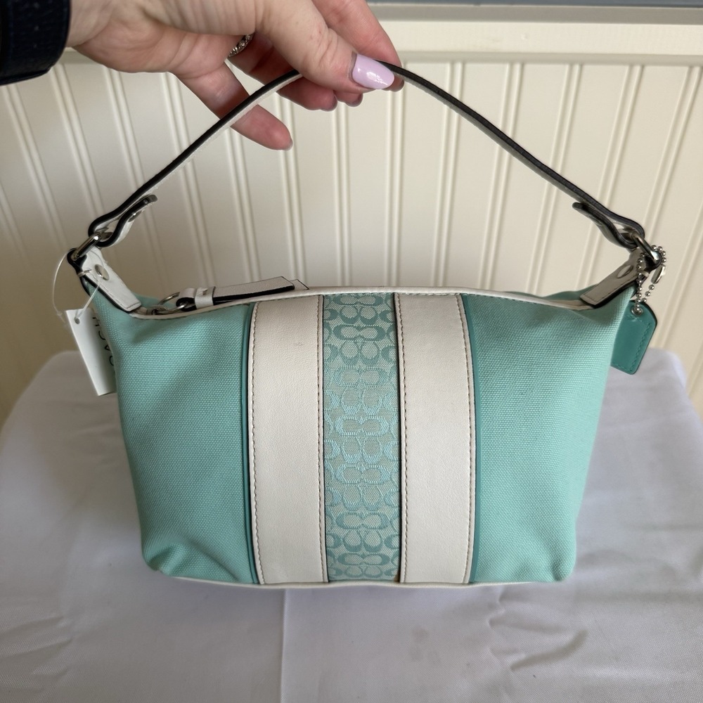Vintage Coach Y2K Blue White Canvas Leather Signature Stripe Mini Hobo Ban Purse